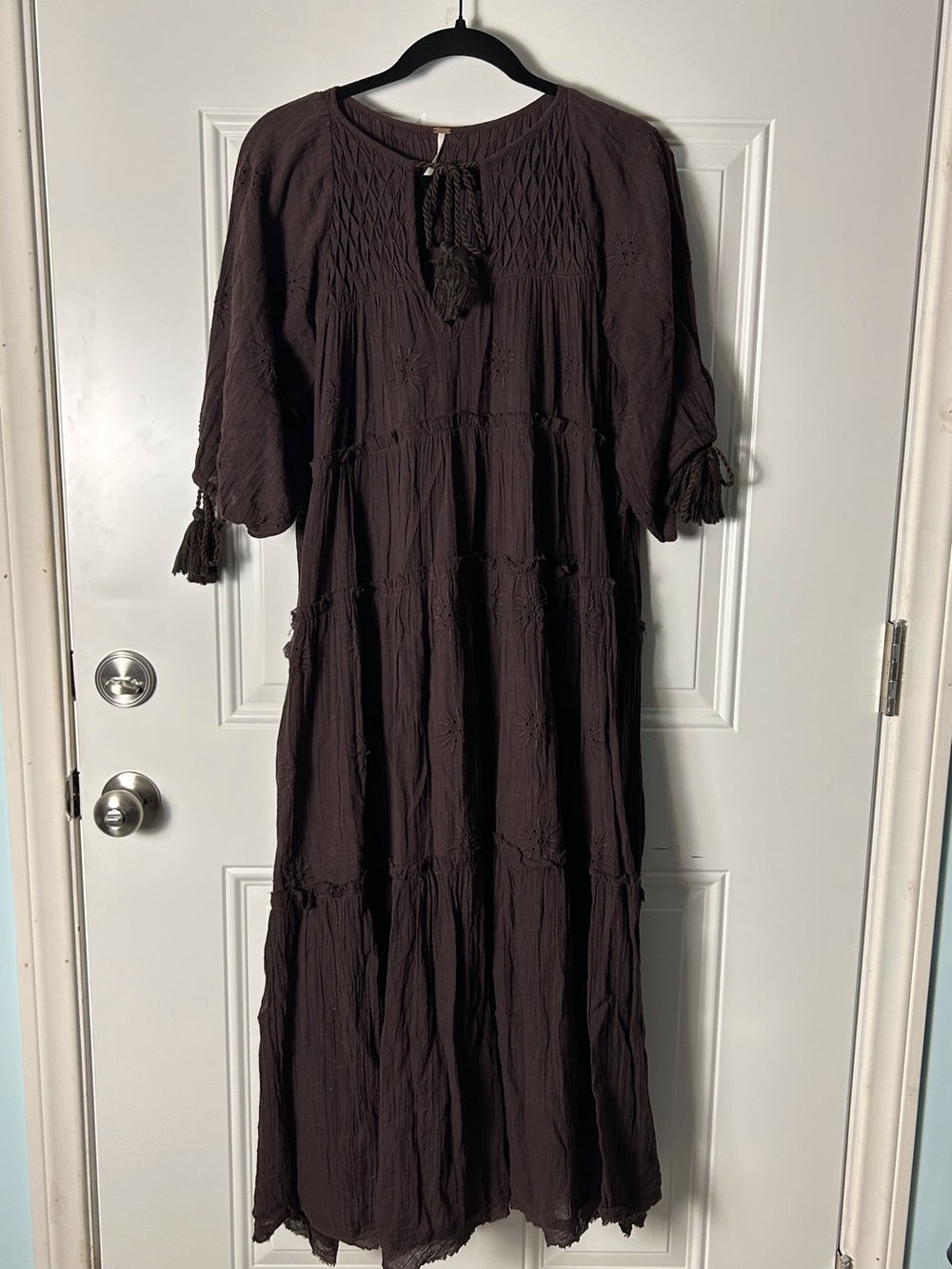 Free People Celestial Skies Brown Boho Tassel Maxi Dress M Tiered Eyelet Sun